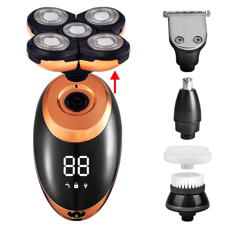 3In1 Professional Electric Shaver with multiple attachments including trimmer heads and cleaning brushes, showcasing its versatility and design.