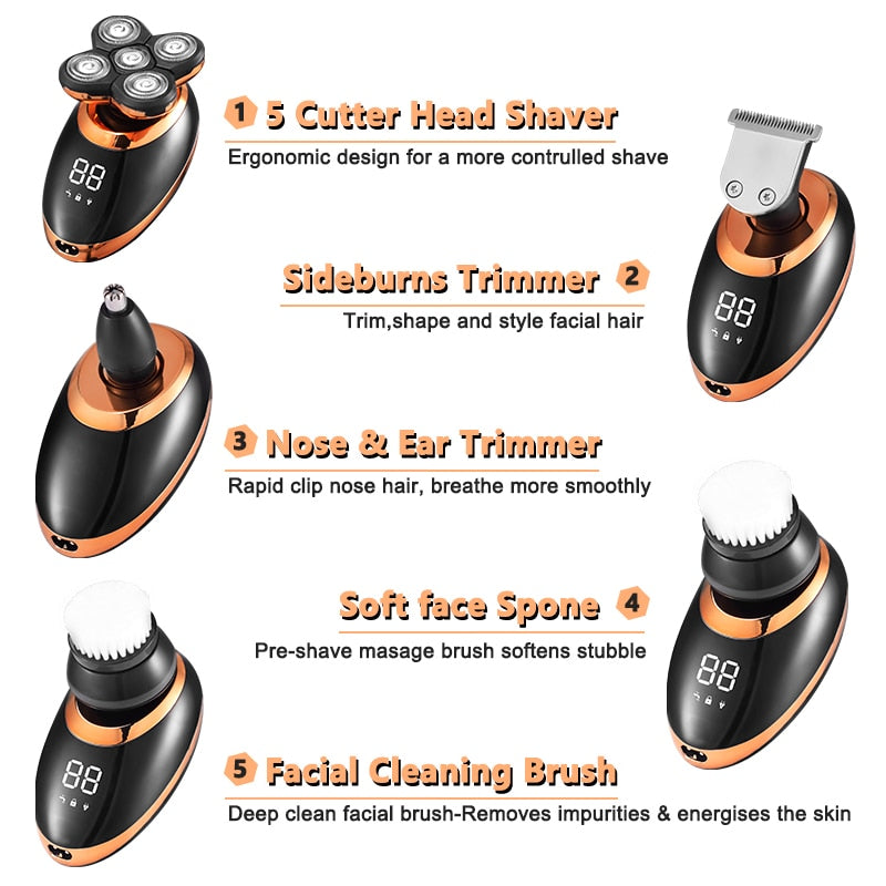 3In1 Professional Electric Shaver with multiple attachments including trimmer heads and cleaning brushes, showcasing its versatility and design.