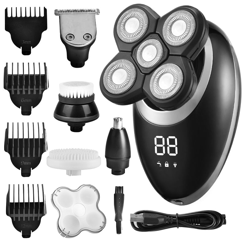 3In1 Professional Electric Shaver with multiple attachments including trimmer heads and cleaning brushes, showcasing its versatility and design.