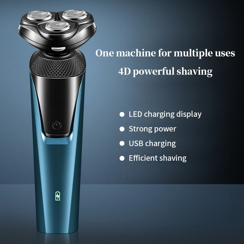 4 In 1 Electric Hair Shaver for Men with various attachments for beard, ear, nose trimming, and haircut, featuring a sleek black design.