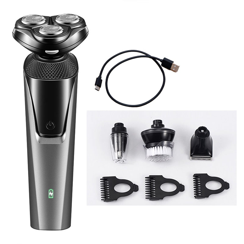 4 In 1 Electric Hair Shaver for Men with various attachments for beard, ear, nose trimming, and haircut, featuring a sleek black design.