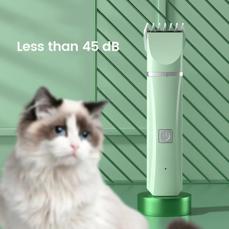 4 in 1 Electric Pet Hair Trimmer in green and white, designed for grooming cats with clippers and nail trimmers.