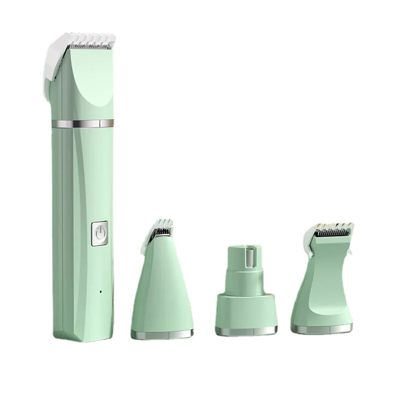 4 in 1 Electric Pet Hair Trimmer in green and white, designed for grooming cats with clippers and nail trimmers.