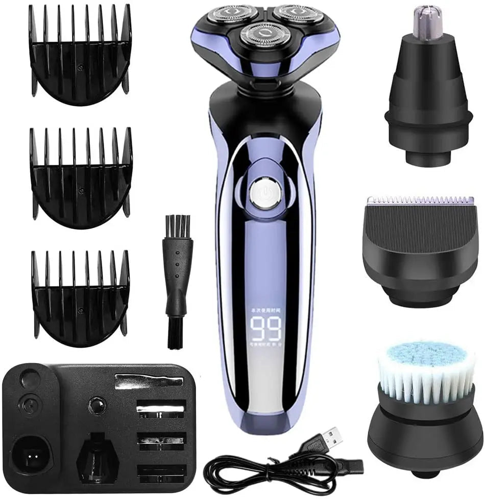 4 in 1 Electric Shaver with multiple attachments including rotary shaver, nose trimmer, and facial cleansing brush, designed for men's grooming.