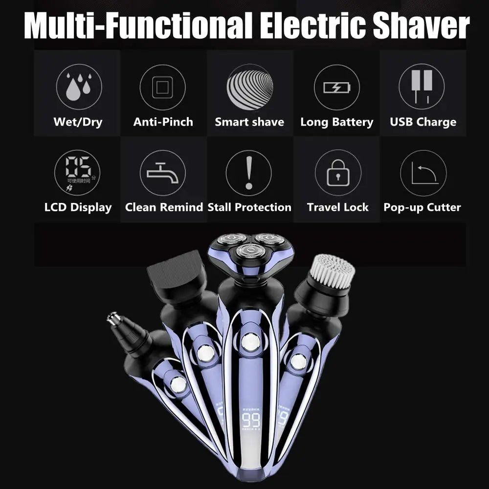 4 in 1 Electric Shaver with multiple attachments including rotary shaver, nose trimmer, and facial cleansing brush, designed for men's grooming.