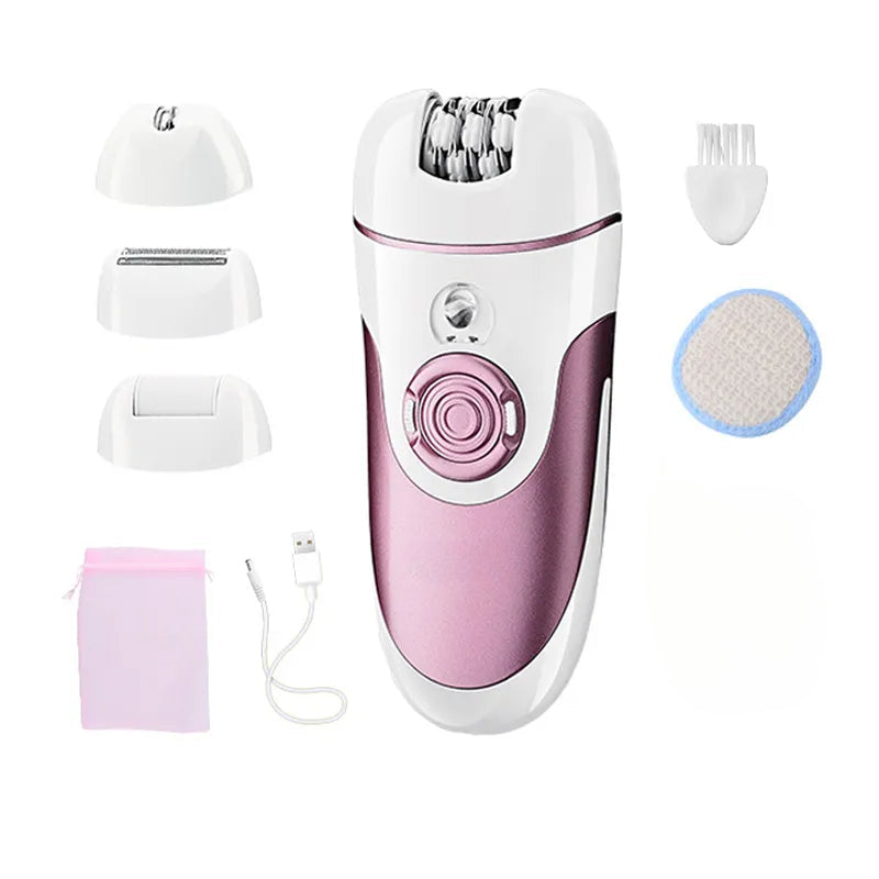 4 in 1 Hair Epilator Electric Hair Remover Device in red and purple, showcasing its ergonomic design and multiple grooming functions.