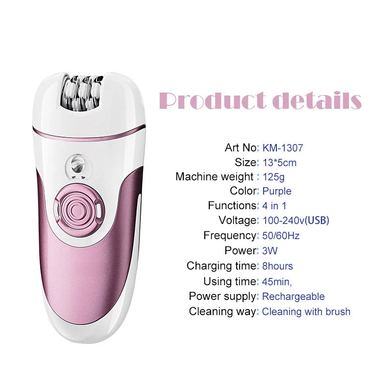 4 in 1 Hair Epilator Electric Hair Remover Device in red and purple, showcasing its ergonomic design and multiple grooming functions.