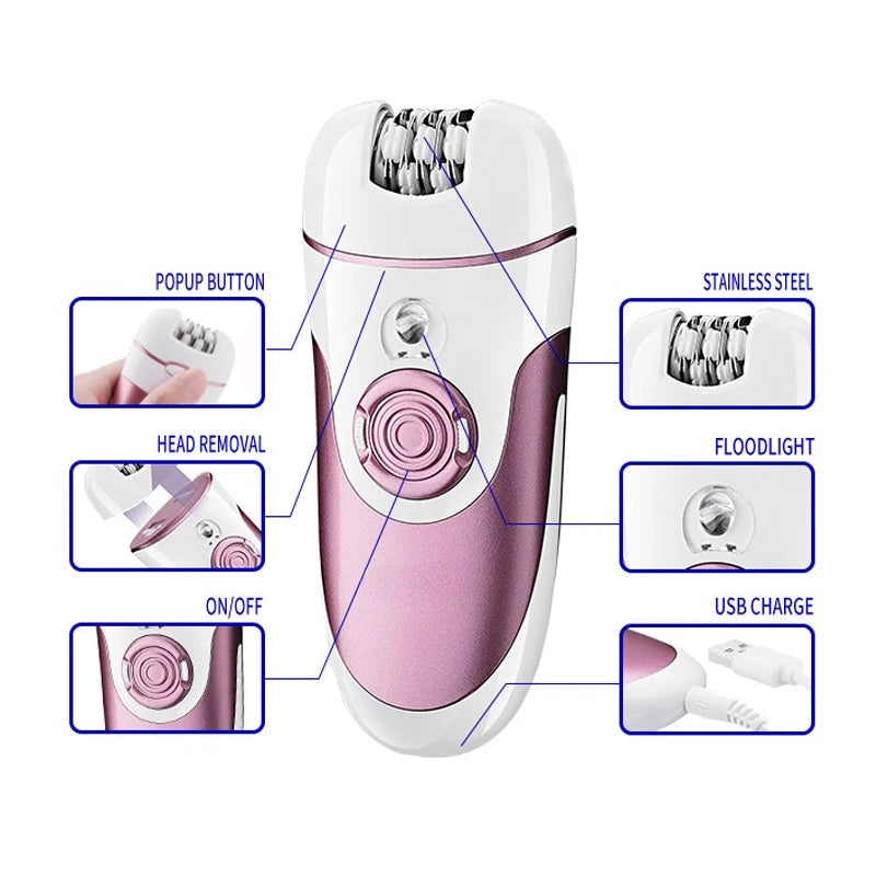 4 in 1 Hair Epilator Electric Hair Remover Device in red and purple, showcasing its ergonomic design and multiple grooming functions.