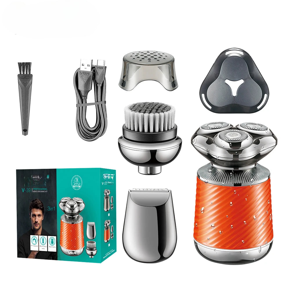 4 in 1 Men's Grooming Kit featuring a waterproof rechargeable beard and nose trimmer with various accessories including a travel bag and cleaning brush.