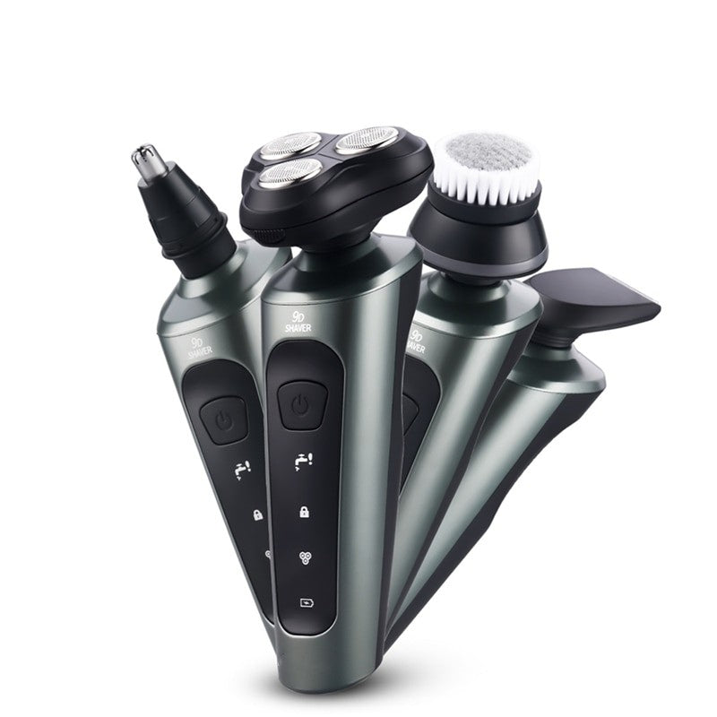 4 In 1 Men's Shaver with interchangeable heads for beard trimming, nose hair grooming, and facial cleaning.