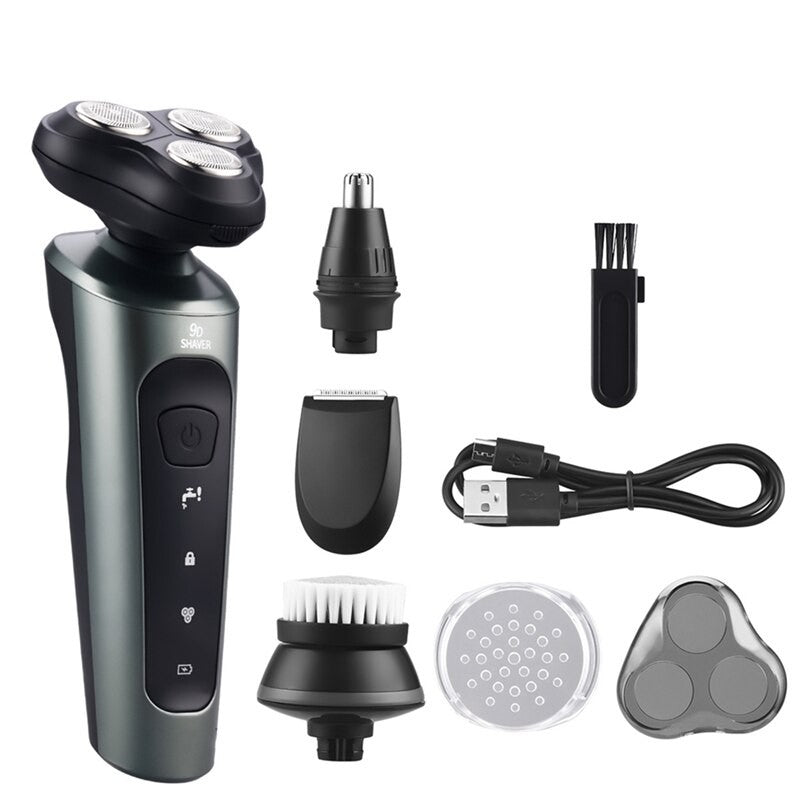 4 In 1 Men's Shaver with interchangeable heads for beard trimming, nose hair grooming, and facial cleaning.