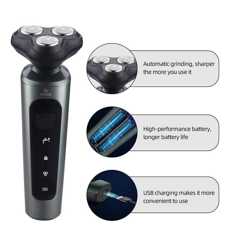 4 In 1 Men's Shaver with interchangeable heads for beard trimming, nose hair grooming, and facial cleaning.