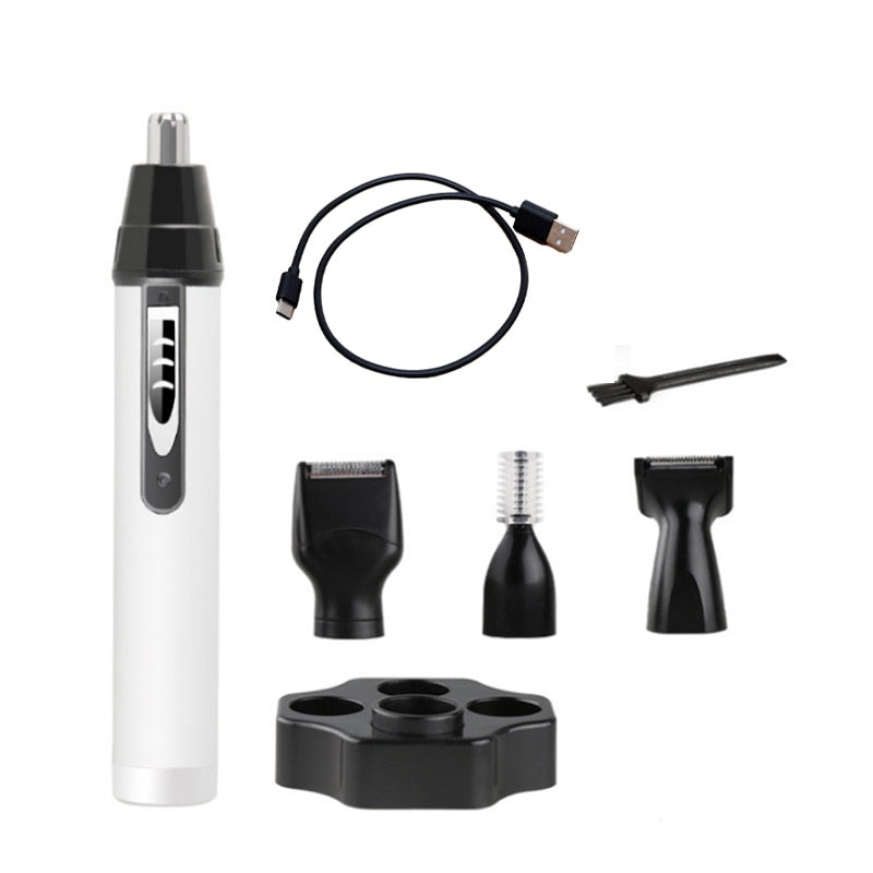 4 in 1 Mini Portable Nose Ear Eyebrow Trimmer set including trimmer heads for nose, beard, ear, and eyebrow grooming.