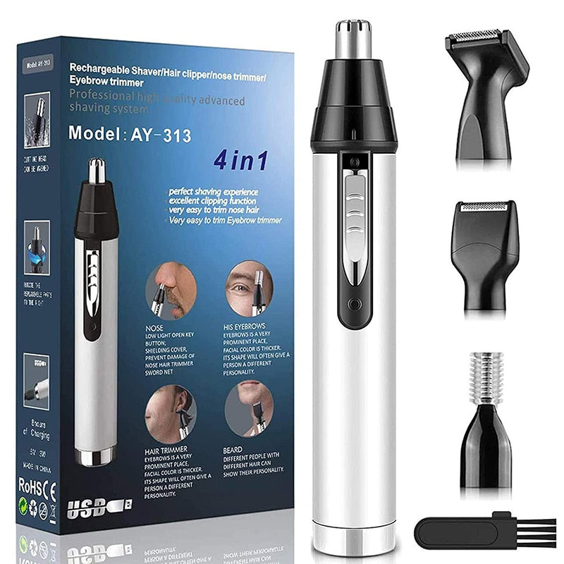 4 in 1 Mini Portable Nose Ear Eyebrow Trimmer set including trimmer heads for nose, beard, ear, and eyebrow grooming.