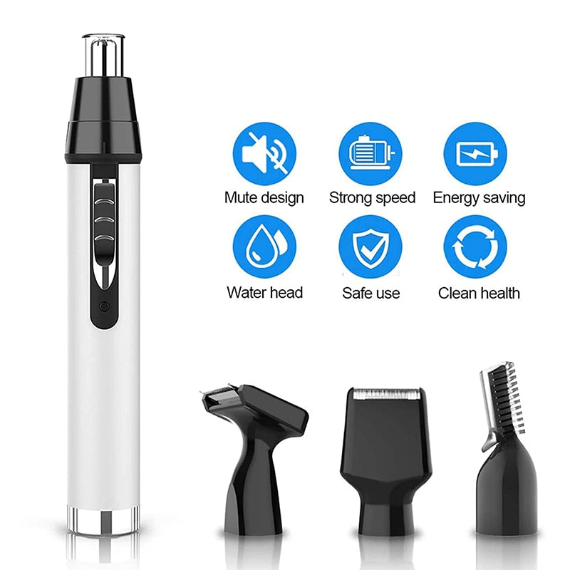 4 in 1 Mini Portable Nose Ear Eyebrow Trimmer set including trimmer heads for nose, beard, ear, and eyebrow grooming.