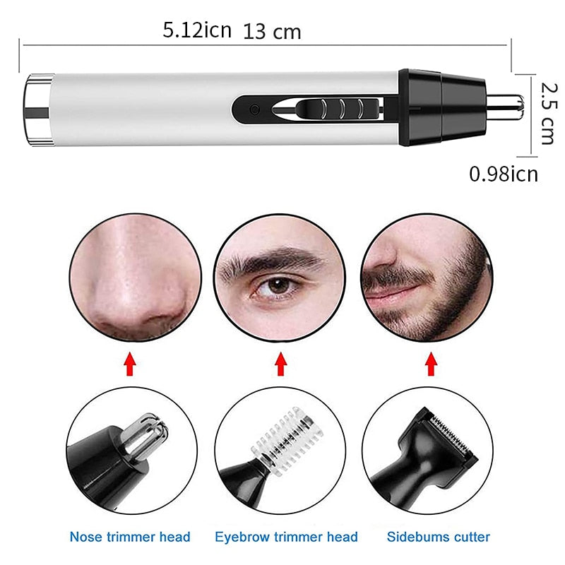 4 in 1 Mini Portable Nose Ear Eyebrow Trimmer set including trimmer heads for nose, beard, ear, and eyebrow grooming.