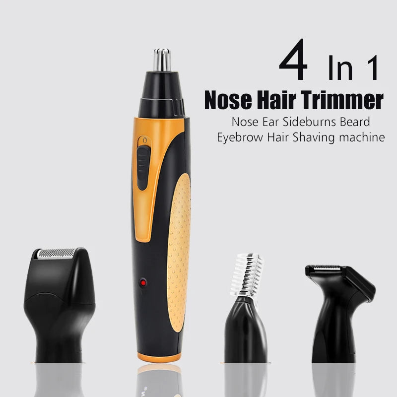 4 in 1 Rechargeable Electric Nose Hair Trimmer with multiple head blades and sleek design, ideal for grooming.