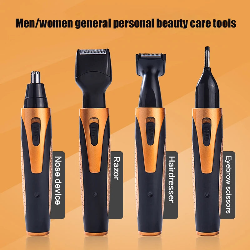 4 in 1 Rechargeable Electric Nose Hair Trimmer with multiple head blades and sleek design, ideal for grooming.