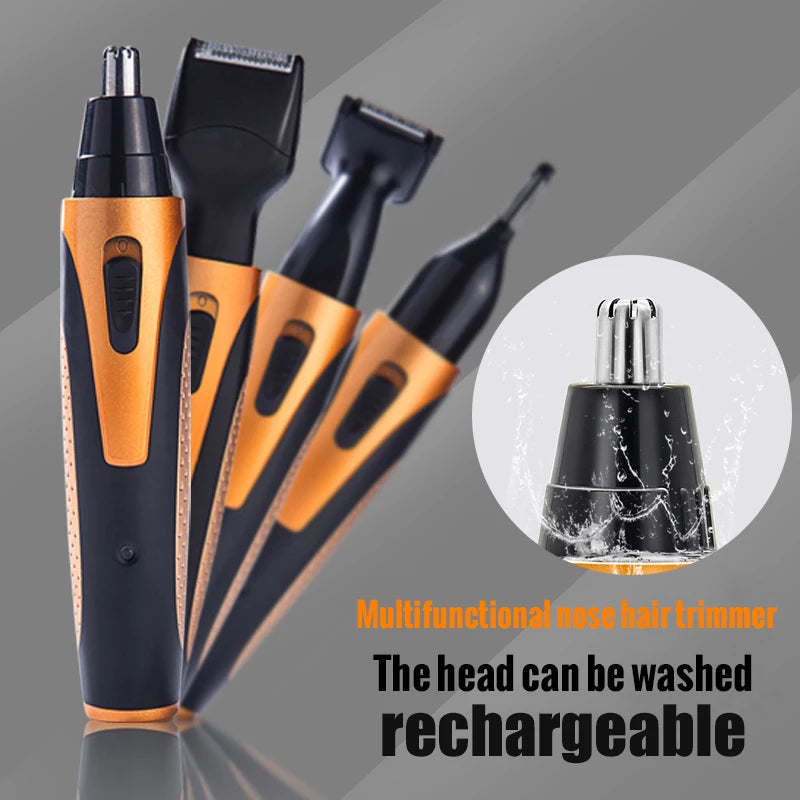 4 in 1 Rechargeable Electric Nose Hair Trimmer with multiple head blades and sleek design, ideal for grooming.