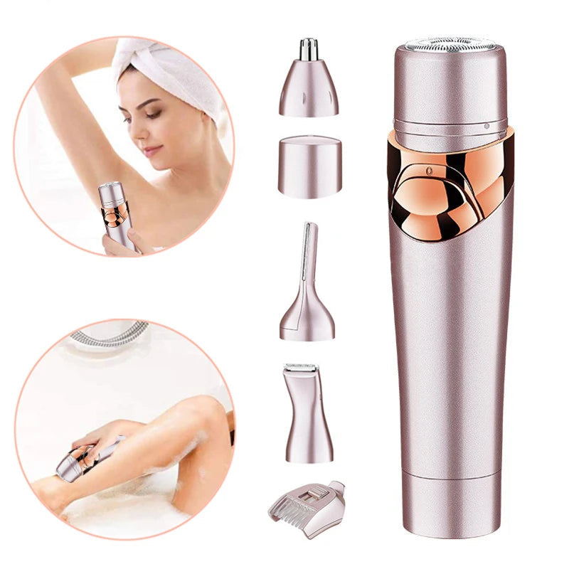 4 in 1 women's facial and body hair removal shaver with multiple attachments for grooming, featuring a sleek and portable design.