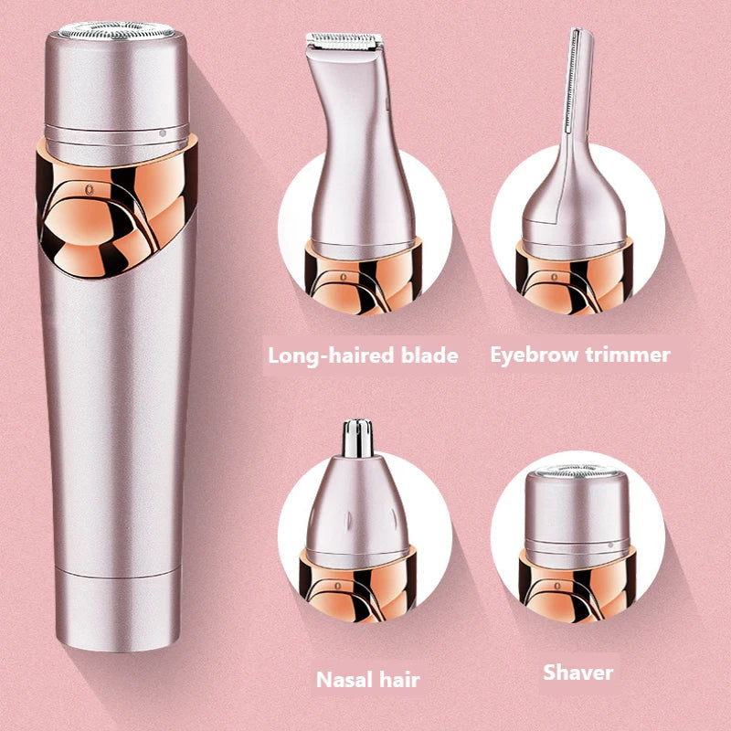 4 in 1 women's facial and body hair removal shaver with multiple attachments for grooming, featuring a sleek and portable design.