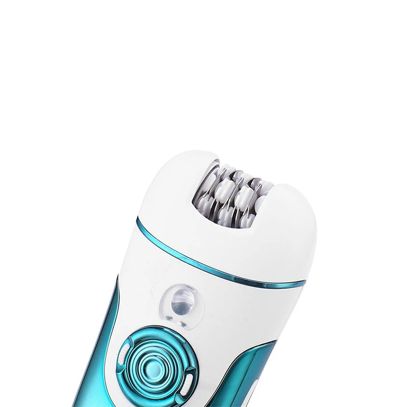 4 In1 Women Epilator in green and white color, showcasing its compact design and included accessories for hair removal and grooming.