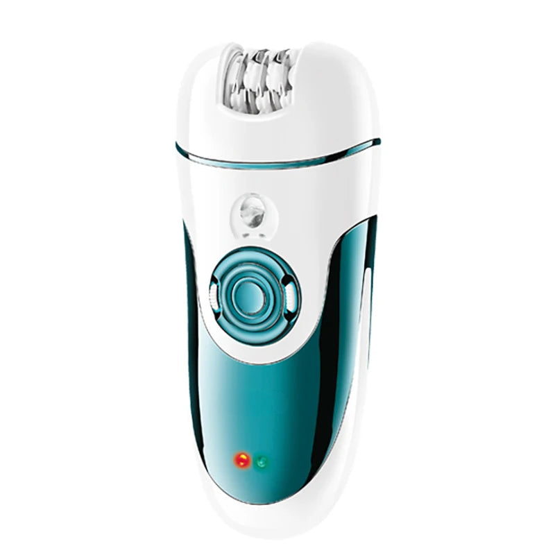 4 In1 Women Epilator in green and white color, showcasing its compact design and included accessories for hair removal and grooming.