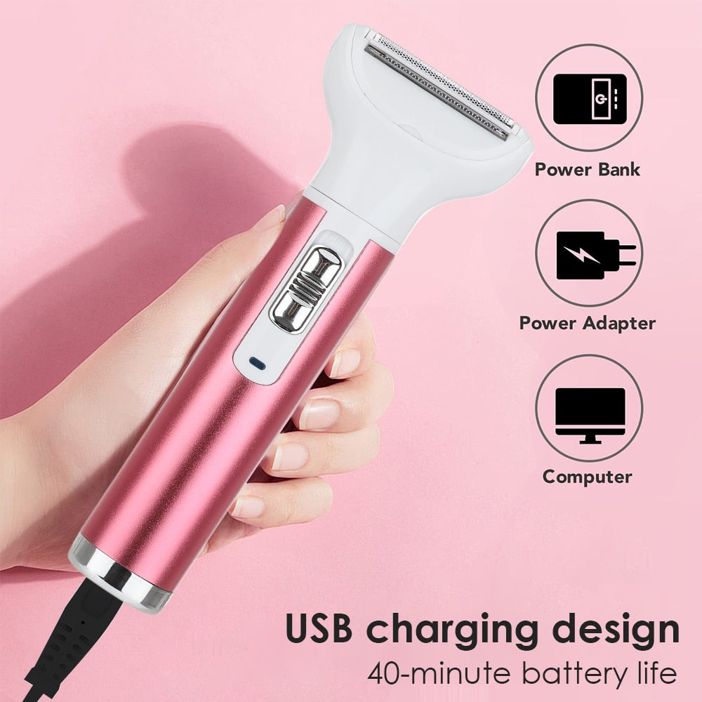 5 in 1 Electric Hair Remover with multiple attachments for trimming hair, eyebrows, and nose hair, featuring a sleek rose red design.