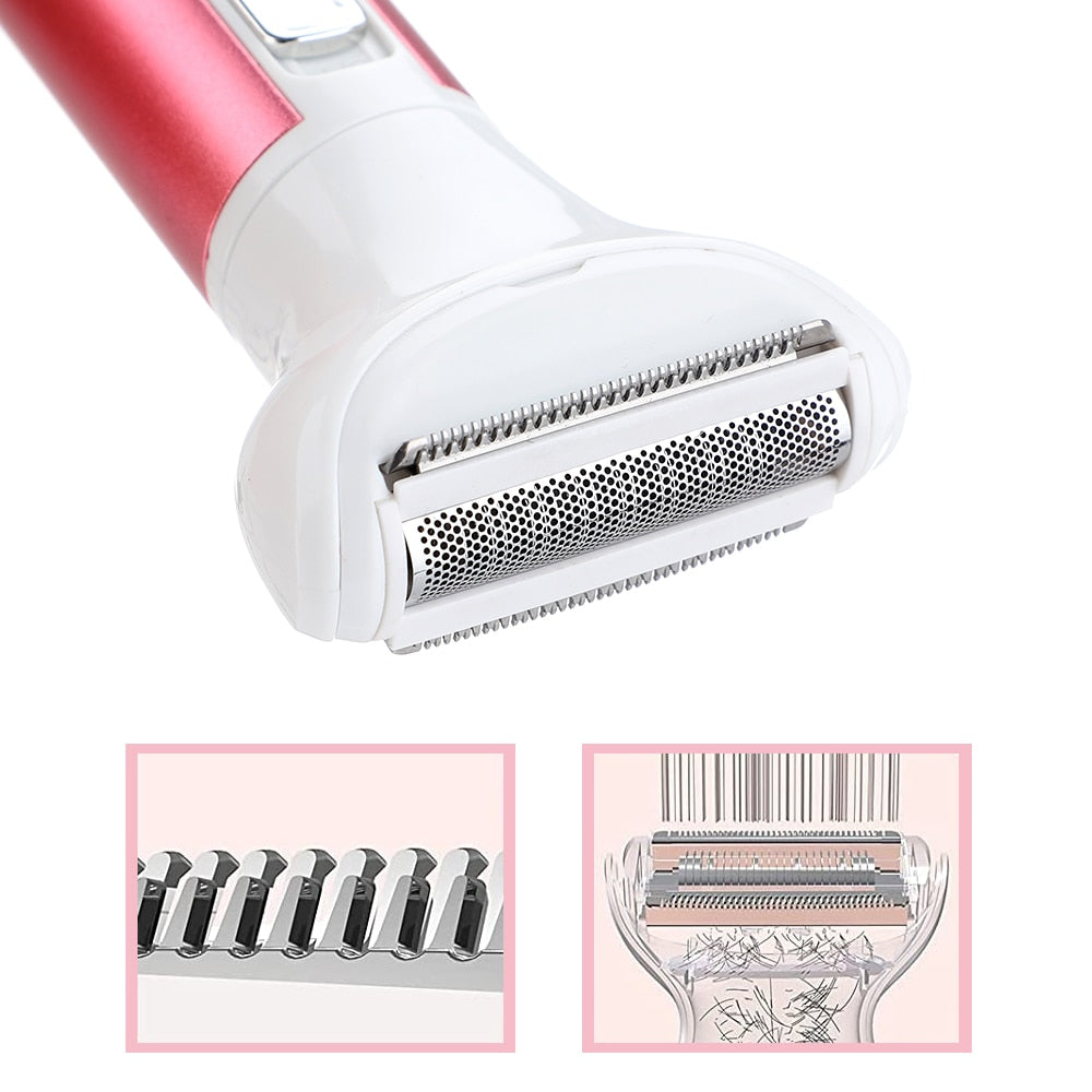 5 in 1 Electric Hair Remover with multiple attachments for trimming hair, eyebrows, and nose hair, featuring a sleek rose red design.