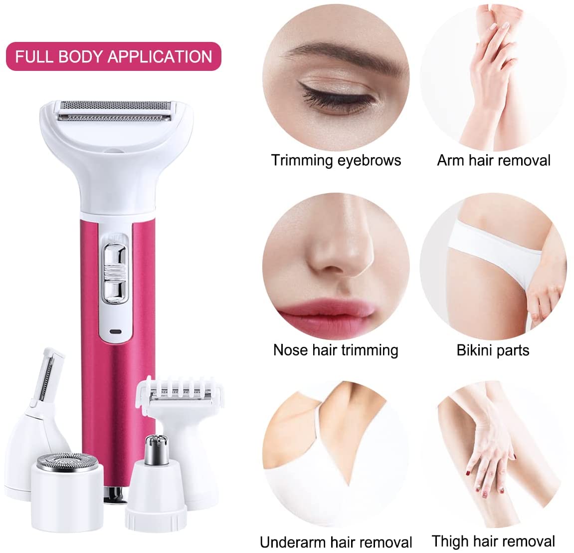 5 in 1 Electric Hair Remover with multiple heads for versatile hair removal, showcasing its sleek design and USB charging capability.