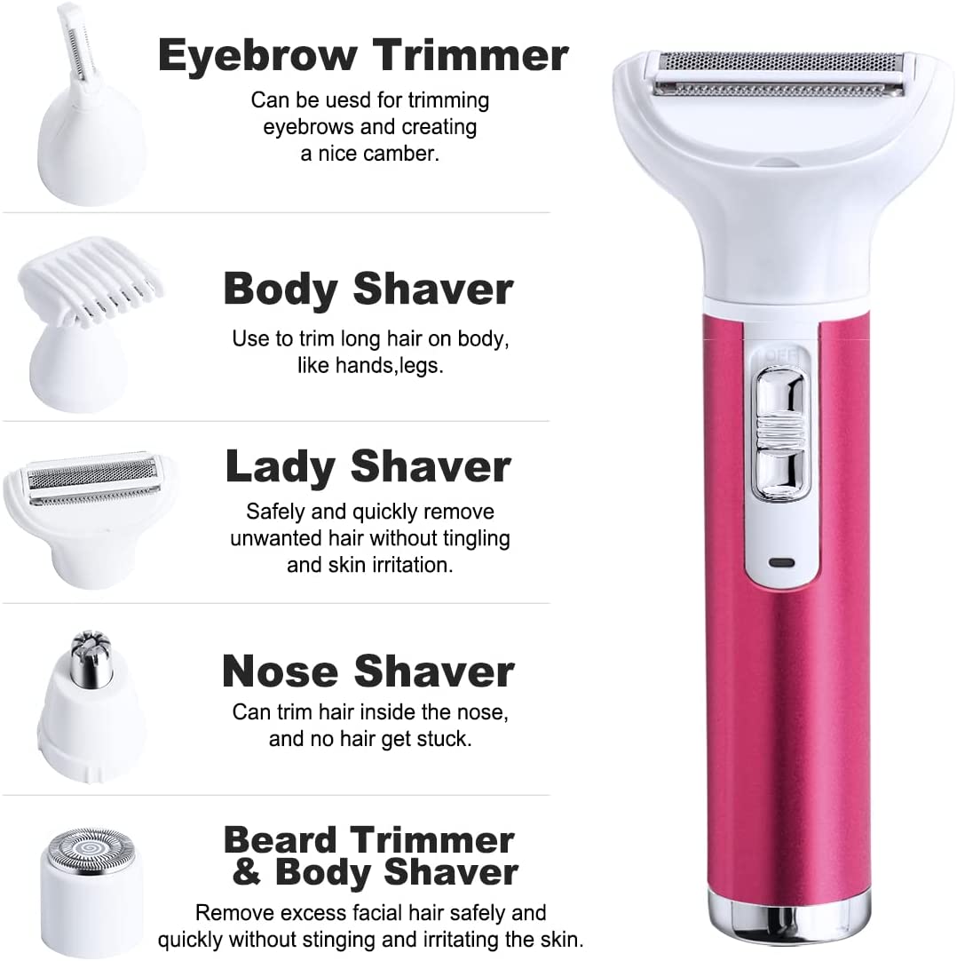 5 in 1 Electric Hair Remover with multiple heads for versatile hair removal, showcasing its sleek design and USB charging capability.