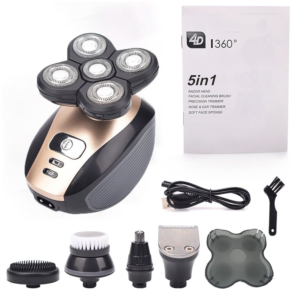 5 in 1 Rechargeable Electric Shaver with five floating heads and various grooming attachments including trimmers and brushes.