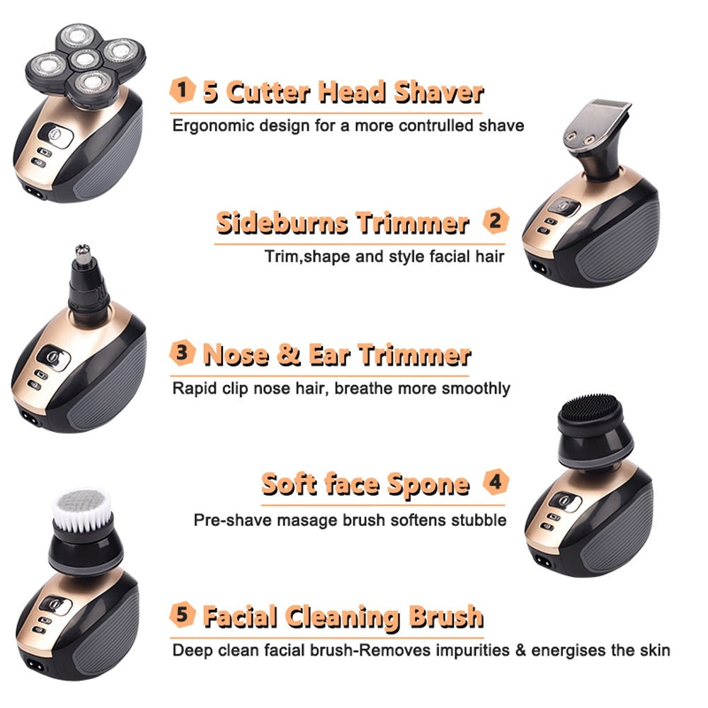 5 in 1 Rechargeable Electric Shaver with five floating heads and various grooming attachments including trimmers and brushes.