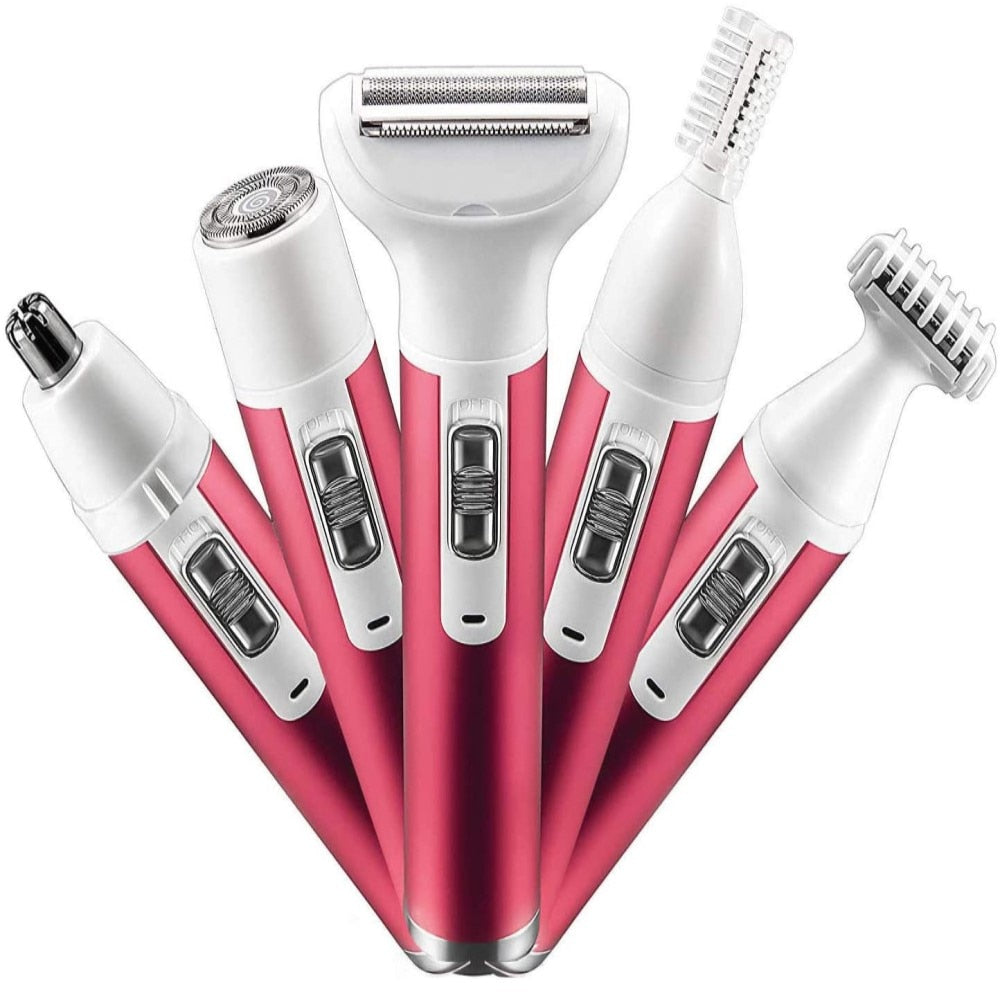 5 in 1 Women Epilator with multiple attachments for hair removal and grooming, showcasing its sleek design and functionality.