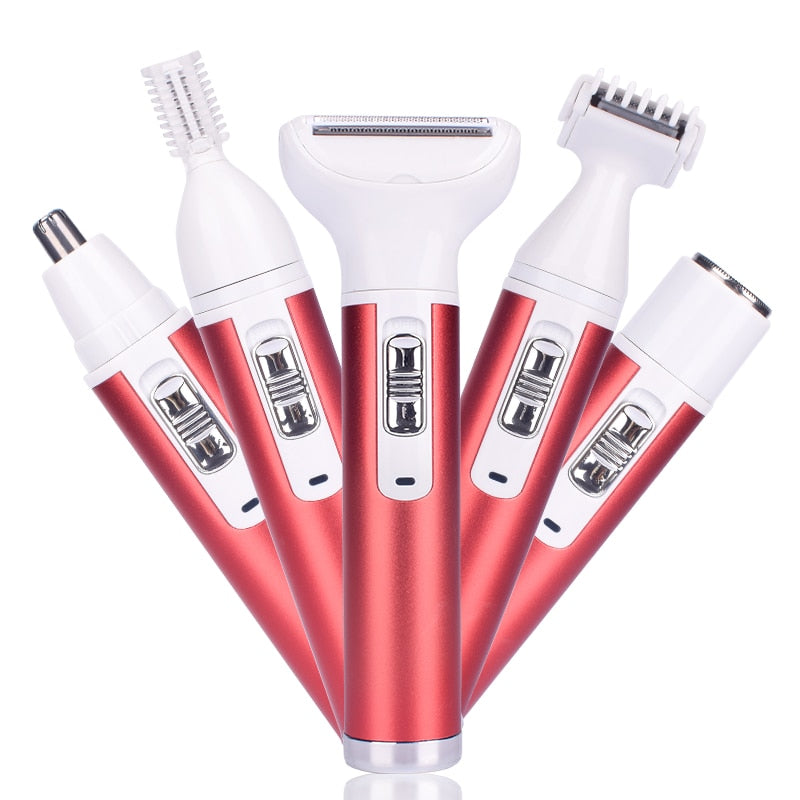 5 in 1 Women Epilator with multiple trimmer heads for versatile hair removal, featuring ergonomic design and USB charging port.