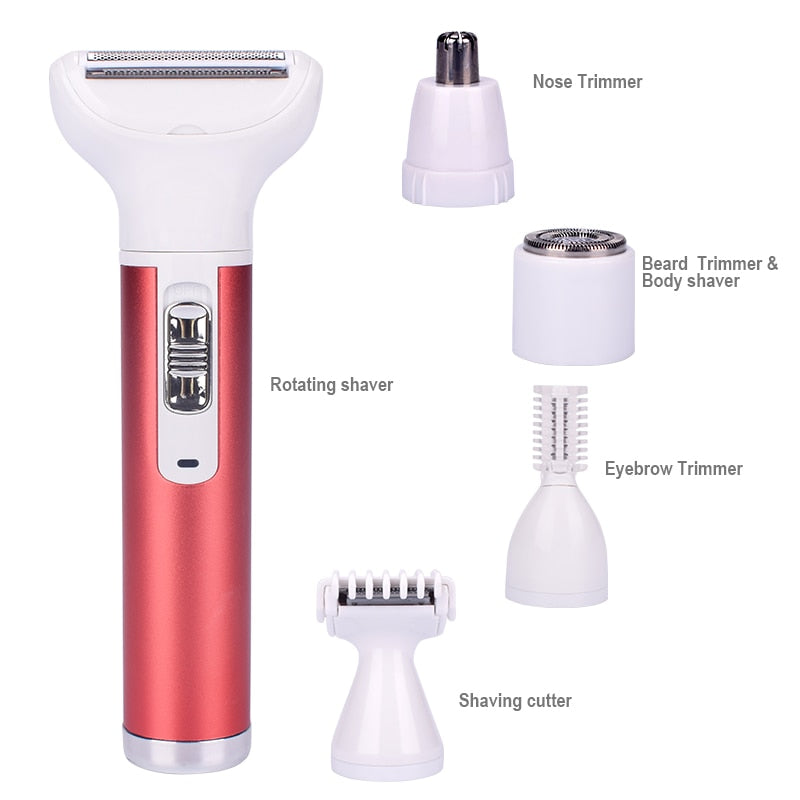 5 in 1 Women Epilator with multiple trimmer heads for versatile hair removal, featuring ergonomic design and USB charging port.