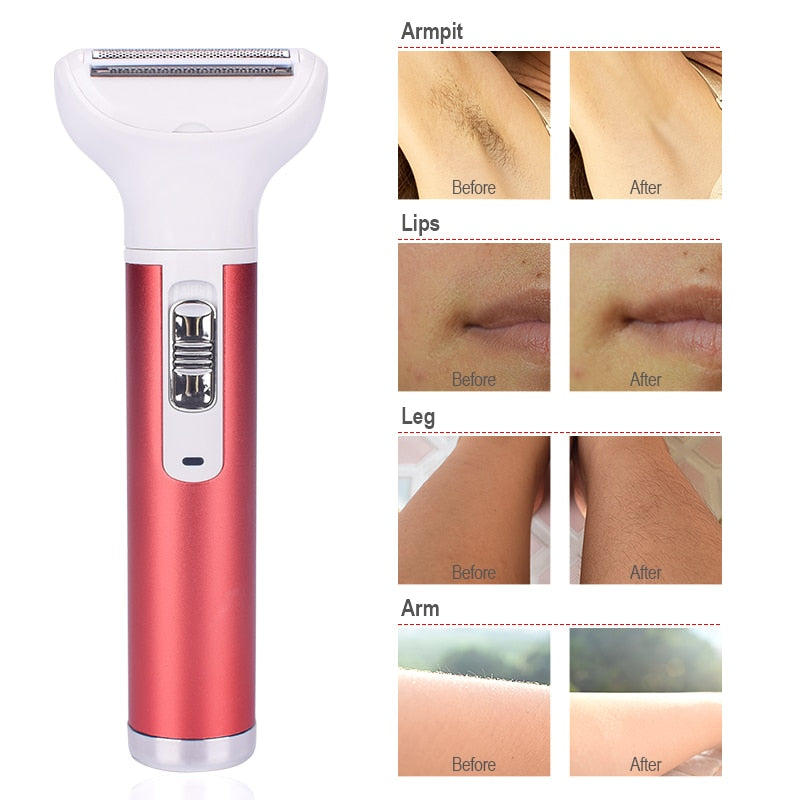 5 in 1 Women Epilator with multiple trimmer heads for versatile hair removal, featuring ergonomic design and USB charging port.