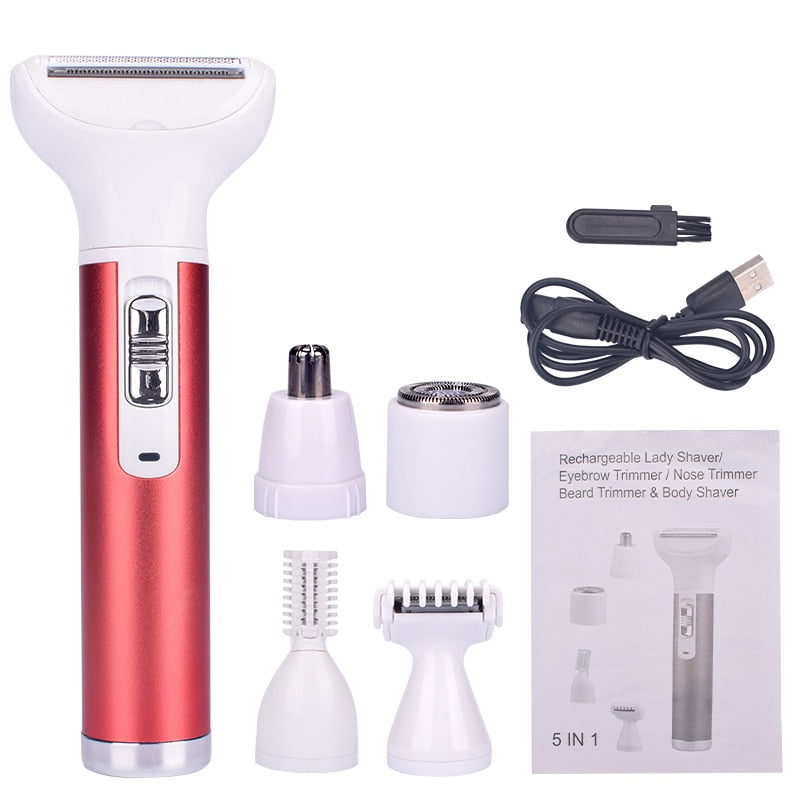 5 in 1 Women Epilator with multiple trimmer heads for versatile hair removal, featuring ergonomic design and USB charging port.