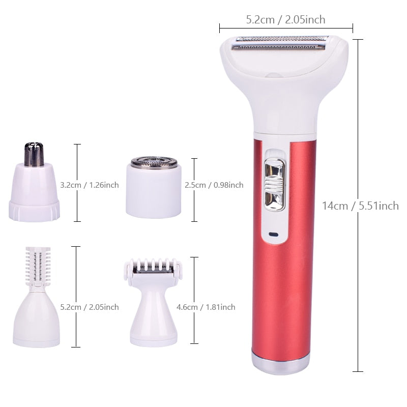 5 in 1 Women Epilator with multiple trimmer heads for versatile hair removal, featuring ergonomic design and USB charging port.