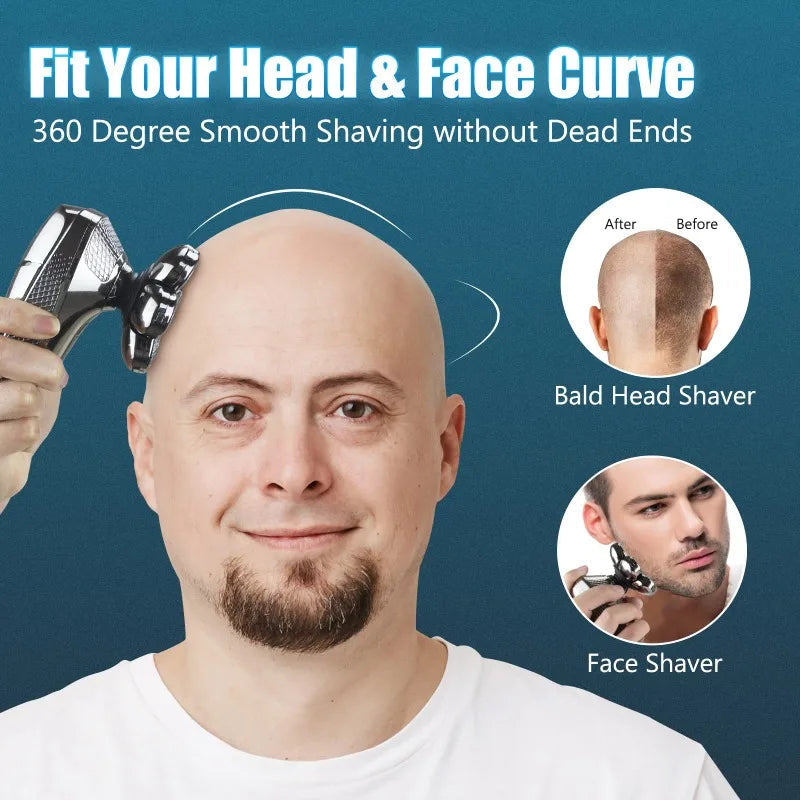 5 in 1 Head Shaver for Men with 7D cordless design, showcasing its multifunctional grooming accessories and sleek appearance.