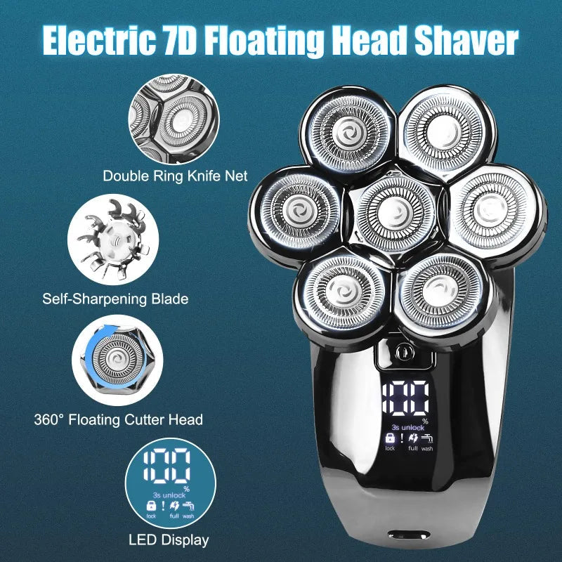 5 in 1 Head Shaver for Men with 7D cordless design, showcasing its multifunctional grooming accessories and sleek appearance.