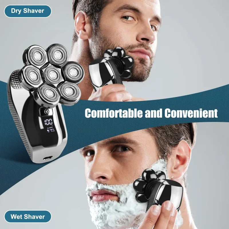 5 in 1 Head Shaver for Men with 7D cordless design, showcasing its multifunctional grooming accessories and sleek appearance.