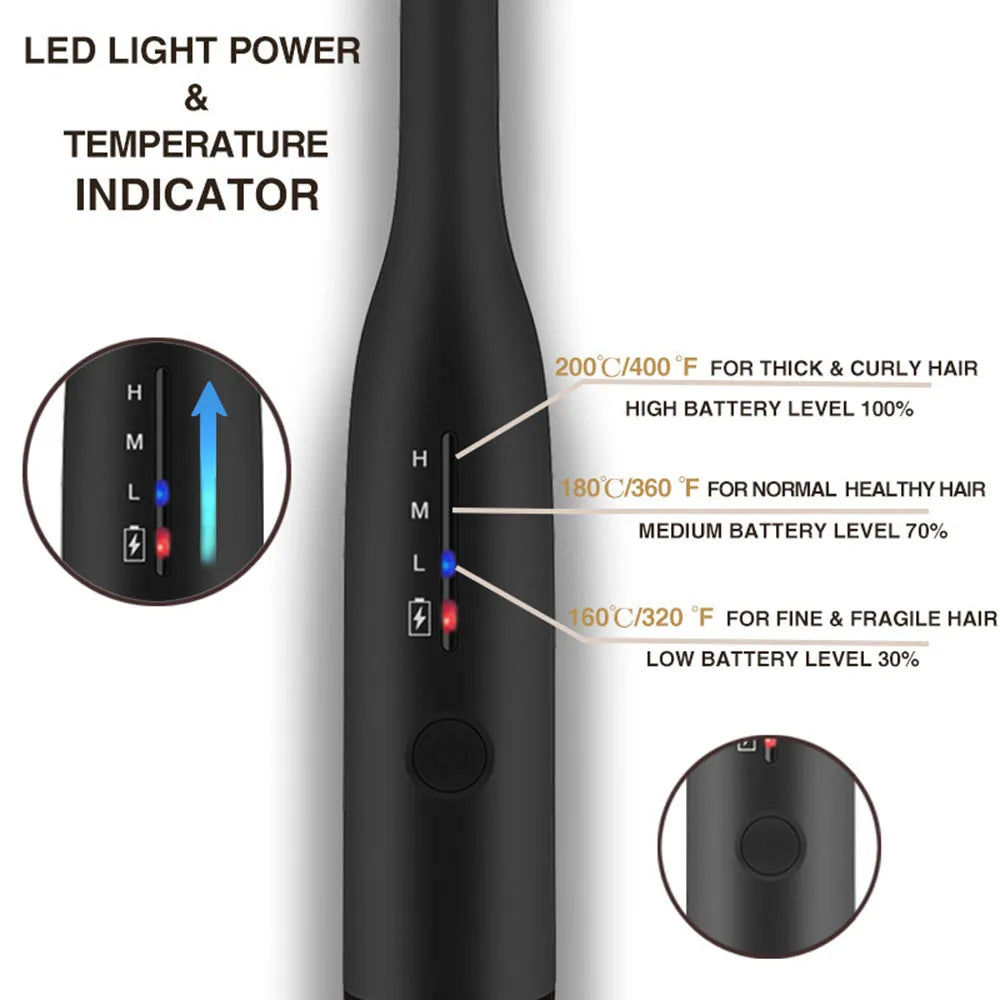 5000mAh Cordless Flat Iron with ceramic tourmaline plates, USB charging, and adjustable temperature settings, designed for portable hair styling.