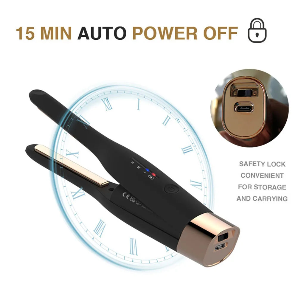 5000mAh Cordless Flat Iron with ceramic tourmaline plates, USB charging, and adjustable temperature settings, designed for portable hair styling.