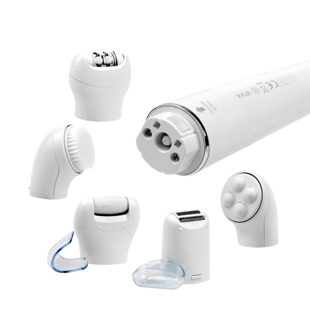 5-in-1 Electric Facial Cleanser Massager with various attachments for skincare, including cleansing brush, massager, shaver, and epilator.