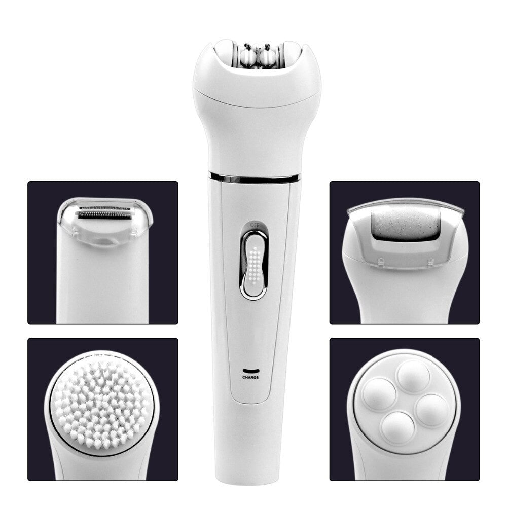 5-in-1 Electric Facial Cleanser Massager with various attachments for skincare, including cleansing brush, massager, shaver, and epilator.