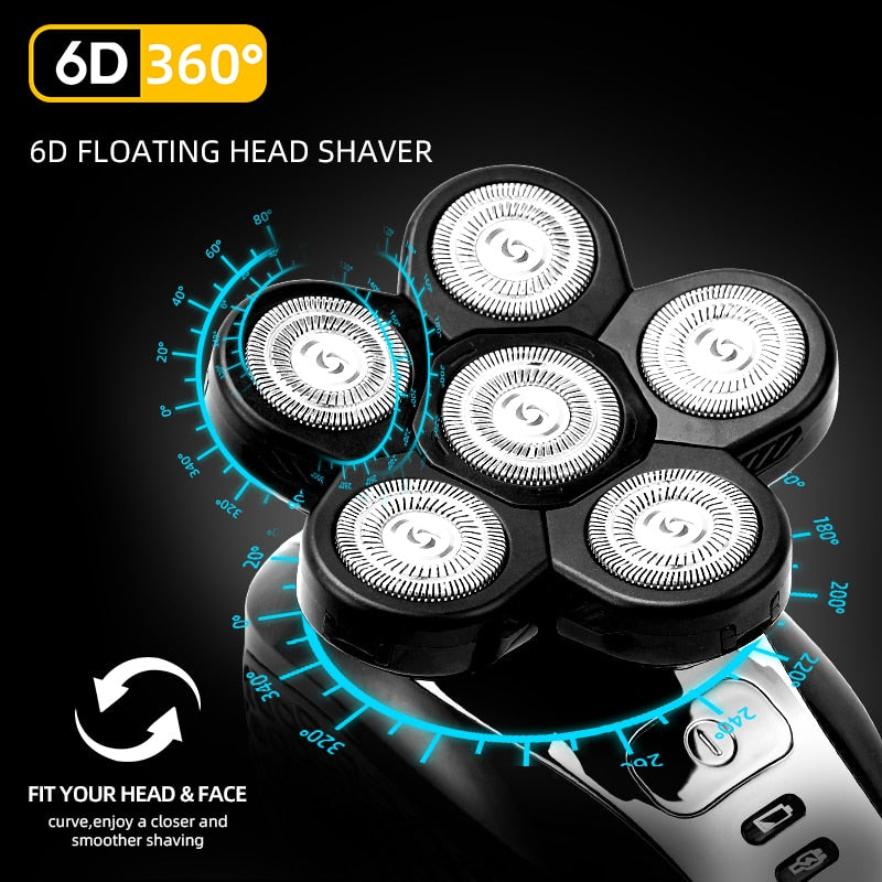 5-in-1 Electric Shaver for Men with multiple attachments including trimmers and cleaning brushes, showcasing its sleek design and functionality.