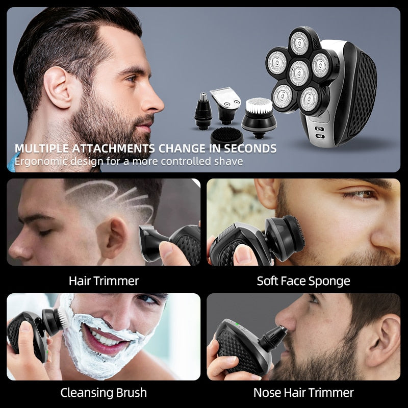 5-in-1 Electric Shaver for Men with multiple attachments including trimmers and cleaning brushes, showcasing its sleek design and functionality.