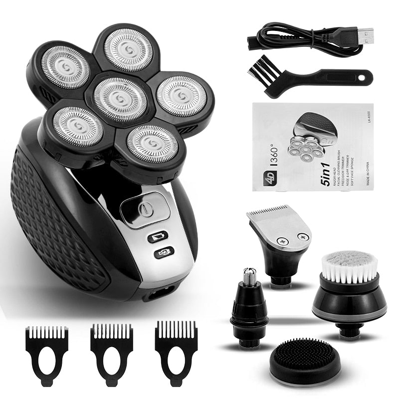 5-in-1 Electric Shaver for Men with multiple attachments including trimmers and cleaning brushes, showcasing its sleek design and functionality.