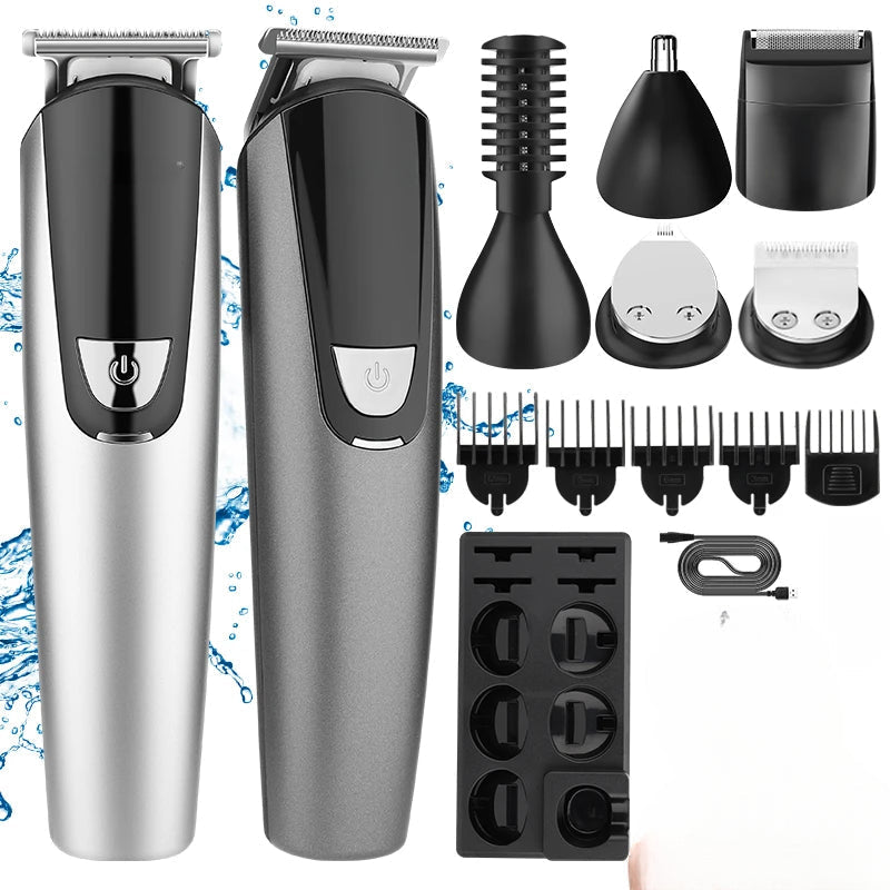 6 in 1 Changing Head Electric Clippers set with various grooming heads and accessories in a compact storage box.